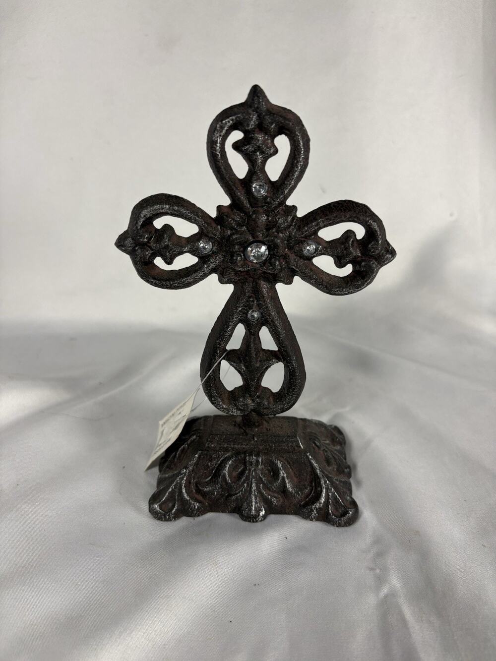 Rustic Cast Iron Fleur De Lis Cross w/ Rhinestones Table Decor 7”